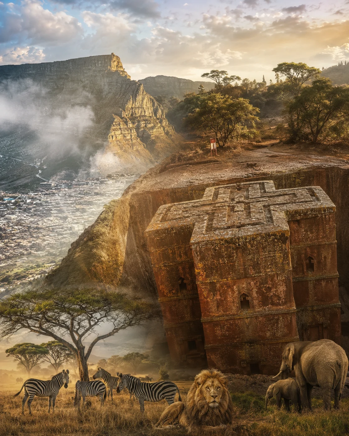 Collage de África con Lalibela, fauna del Serengeti y Table Mountain